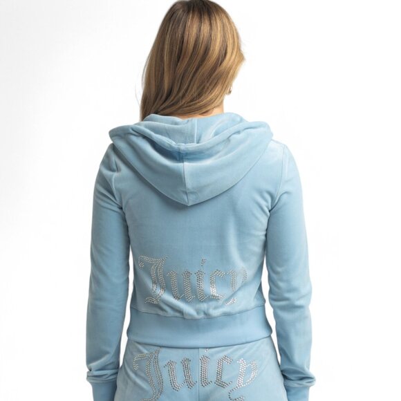 JUICY COUTURE BLING Velour 2 Piece TRACKSUIT Pants + Hoodie Set Frosted Blue NWT - Picture 4 of 16